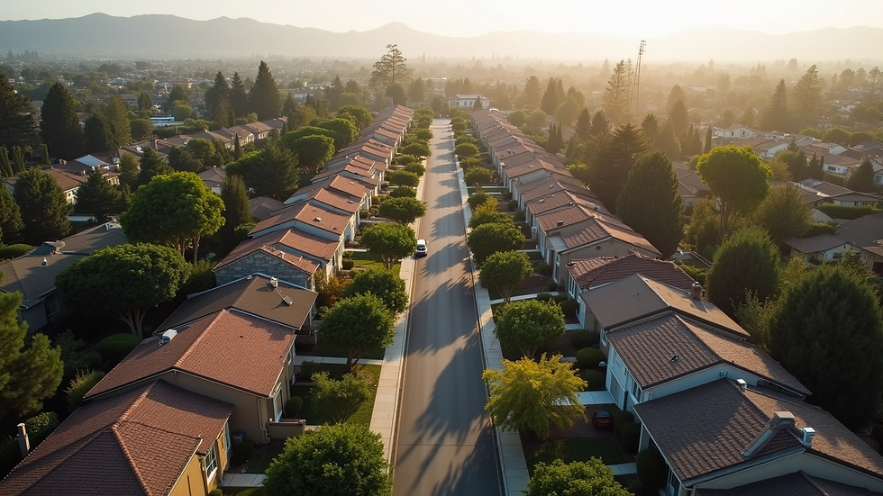 High angle view of a San Jose neighborhood with homes and tree-lined streets