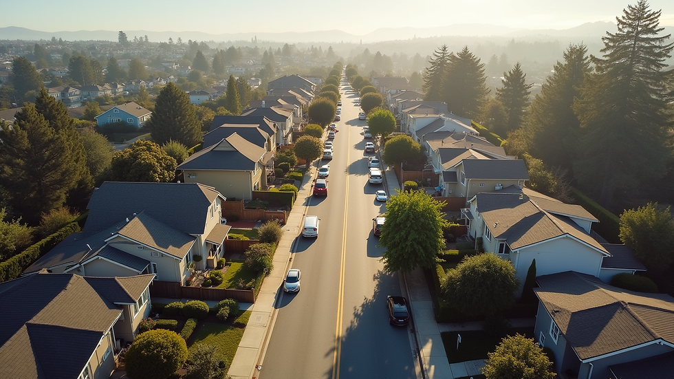 High angle view of Bay Area residential street with mixed housing types