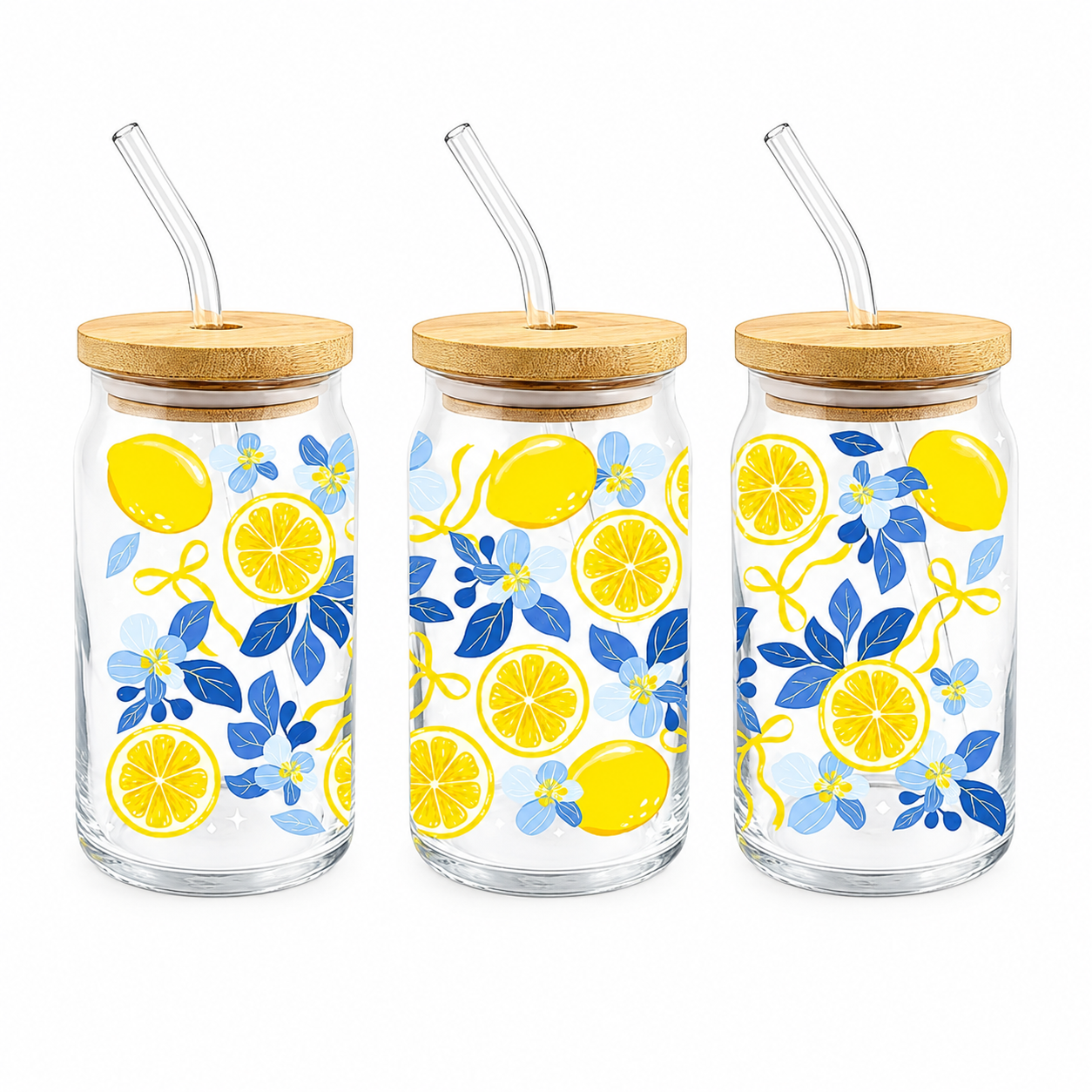 "Lemons & Flowers" - 16oz Glass Cups with Bamboo Lid +