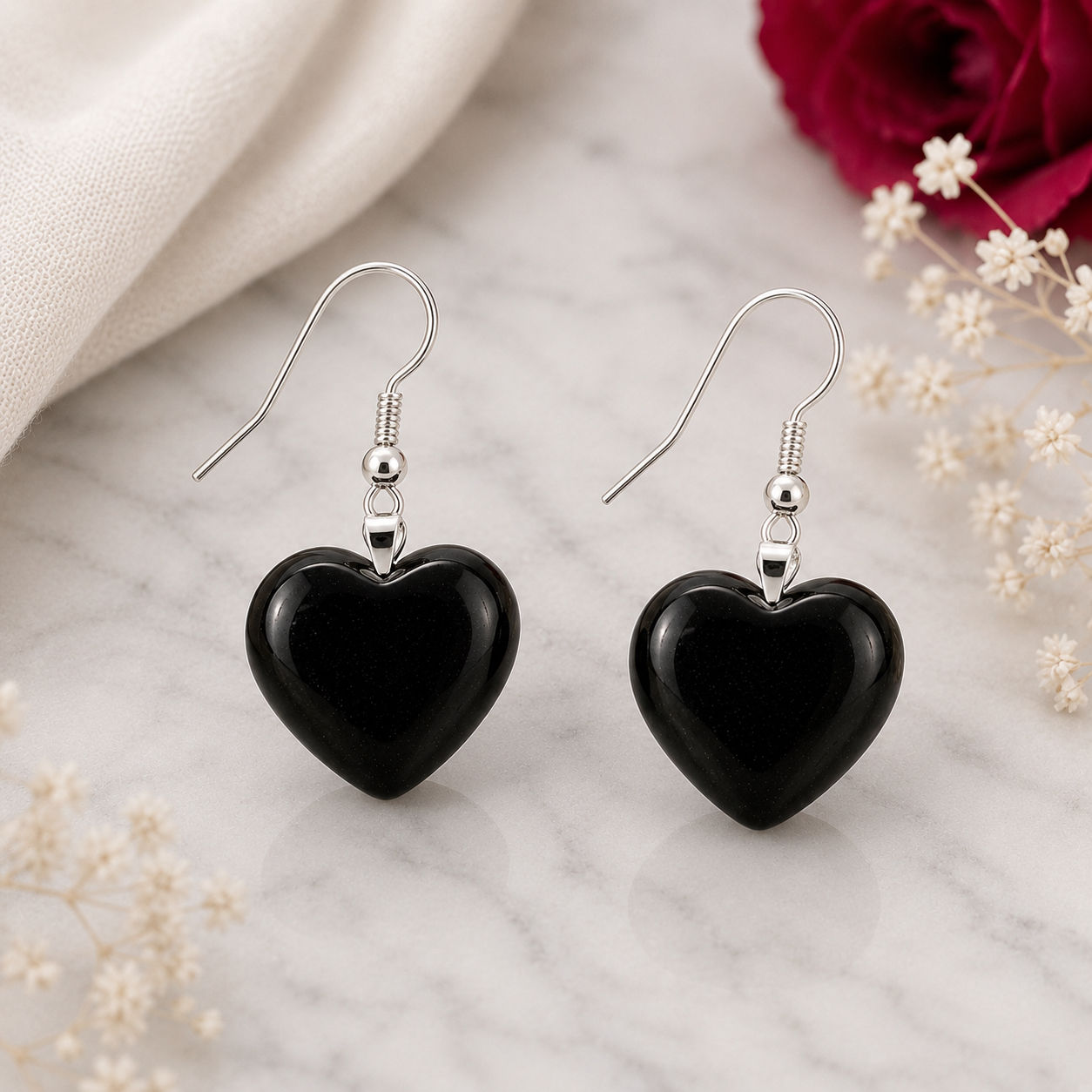 Natural Stone Black Obsidian Heart Pendant Dangle Earrings