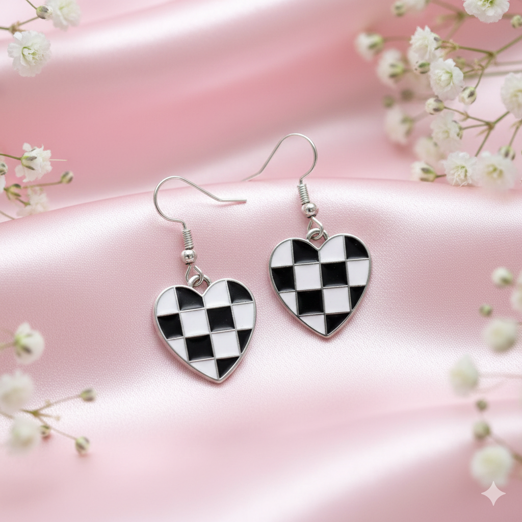 Black & White Checkered Heart Earrings
