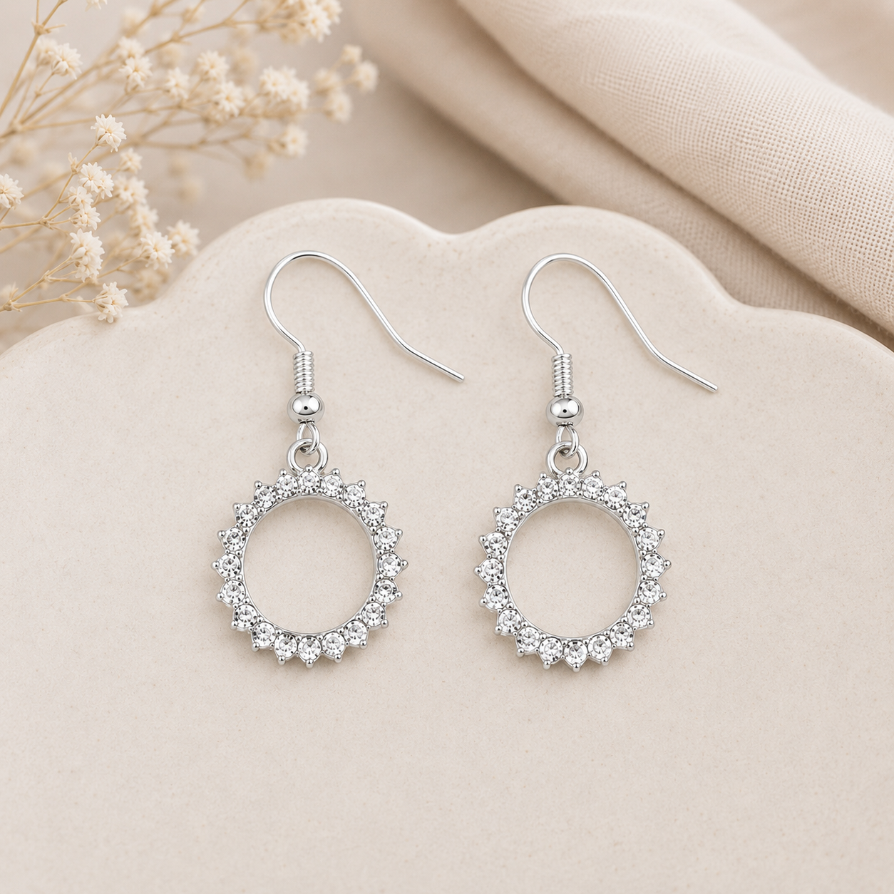 Rhinestone Circle Dangle Earrings - Silver or Gold