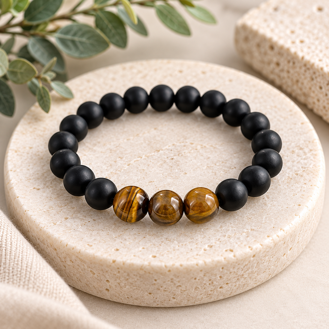 Men's Natural Stone Bracelet Unisex Black Onyx & Tiger Eye