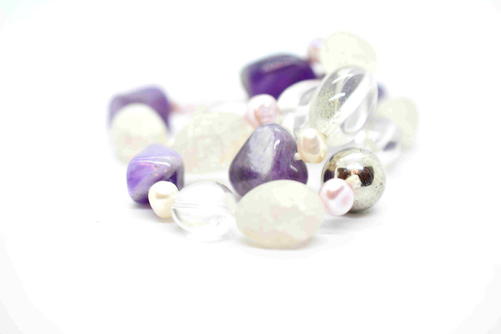 Thumbnail: Handcrafted Necklace made of Amethyst & Rock Crystal, Pink and White Pearls