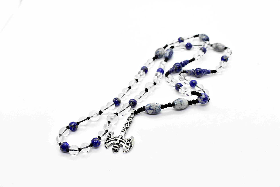 Thumbnail: Lapis Lazuli & Rock Crystal Rosary Necklace, with Silver tone Double Axe