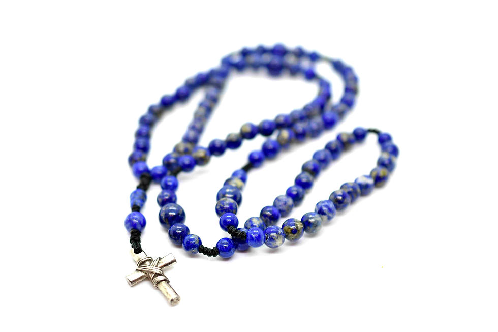 Thumbnail: Handmade Rosary Necklace made of Lapis Lazuli and Silver tone Cross