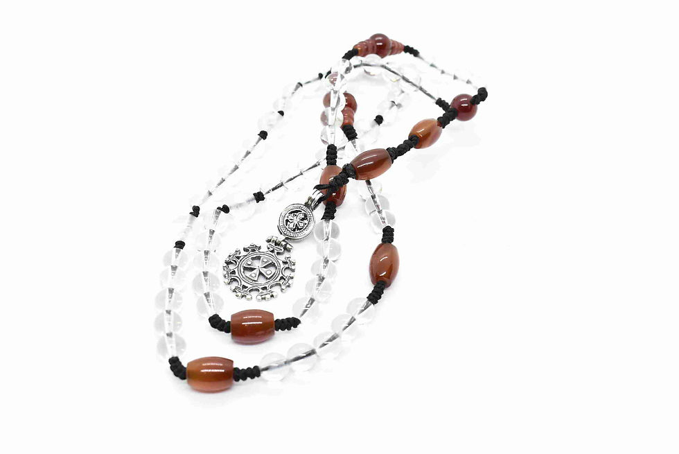 Thumbnail: Rosario Necklace made of Rock Crystal, Carnelian, & Sterling Silver Cross