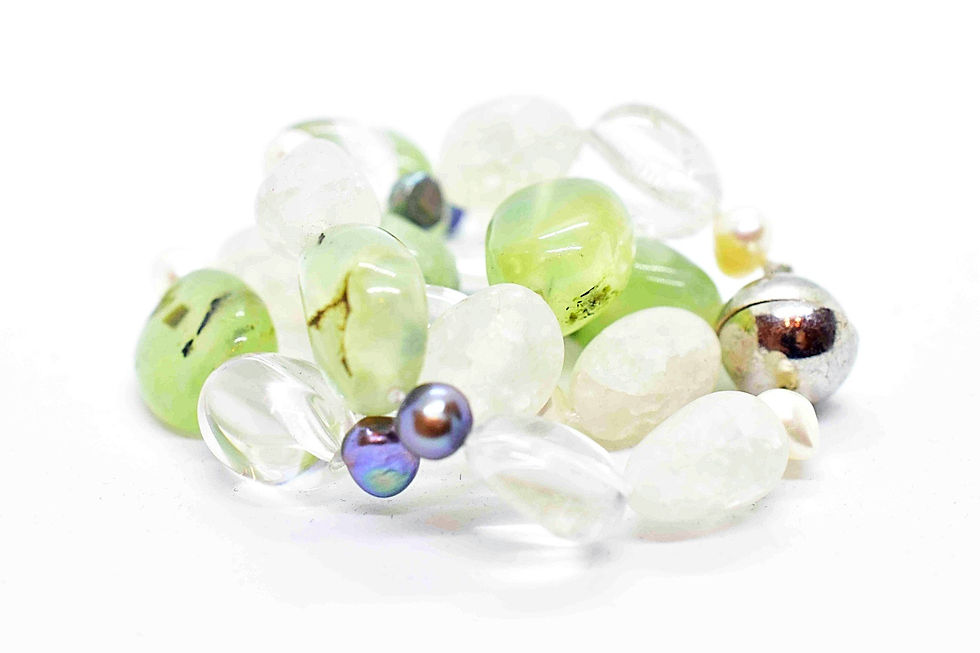 Thumbnail: Handmade Necklace made of Natural Prehnite, Rock Crystal, White and Grey Pearls