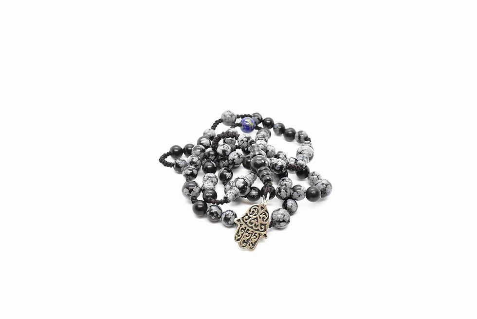 Thumbnail: "Hamsa Hand" Rosary Necklace made of Snowflake Obsidian & 925 Sterling Silver