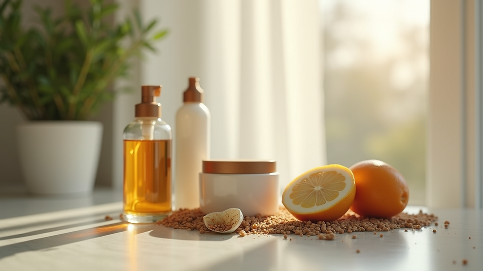 Eye-level view of hair care product ingredients arranged on a table