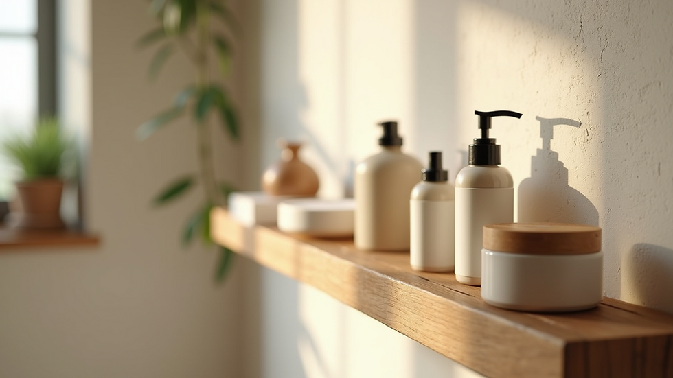 High angle view of a bathroom shelf with natural hair care essentials