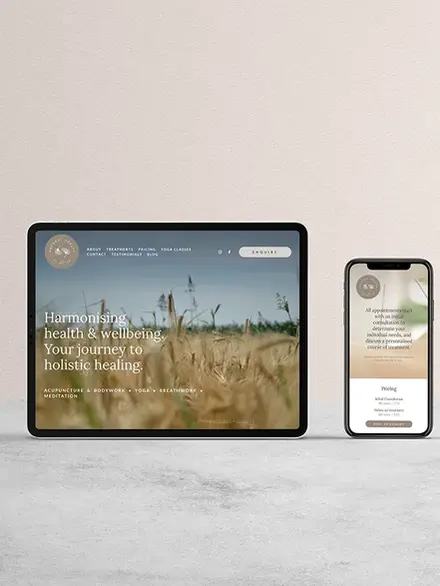 Responsive wellness Squarespace website design for an acupuncture and yoga practice displayed on tablet and mobile
