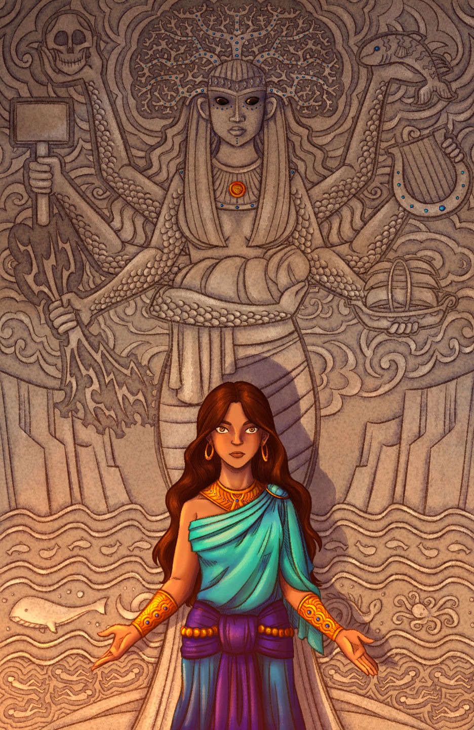 Mireia standing in front of a carving of her goddess-persona, Mu'u