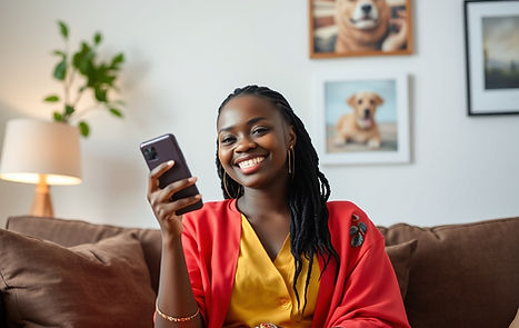 beautiful african lady holding phone smiling seated in a living room wearing bright clothi