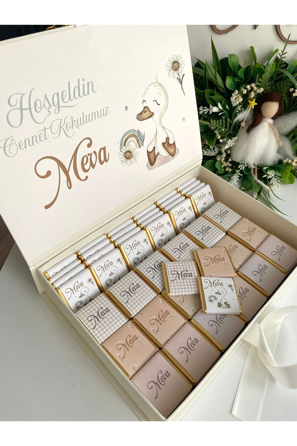 Kutulu İsme Özel Tasarımlı Kız-Erkek Bebek Çikolatası 60 Adet Dogum-Yaş Günü-Hed