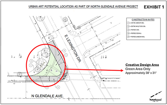 A map showing the intersection of North Glendale Ave. and East Lexington Drive detailing the creative design area in a red circle