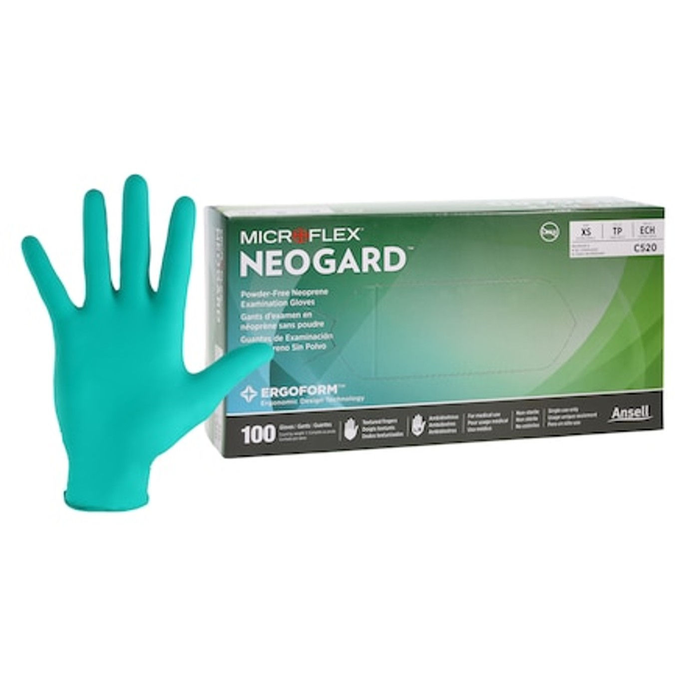 MICROFLEX Neogard Neoprene , Exam Gloves X-Small Green , Non-Sterile 100/Bx ,