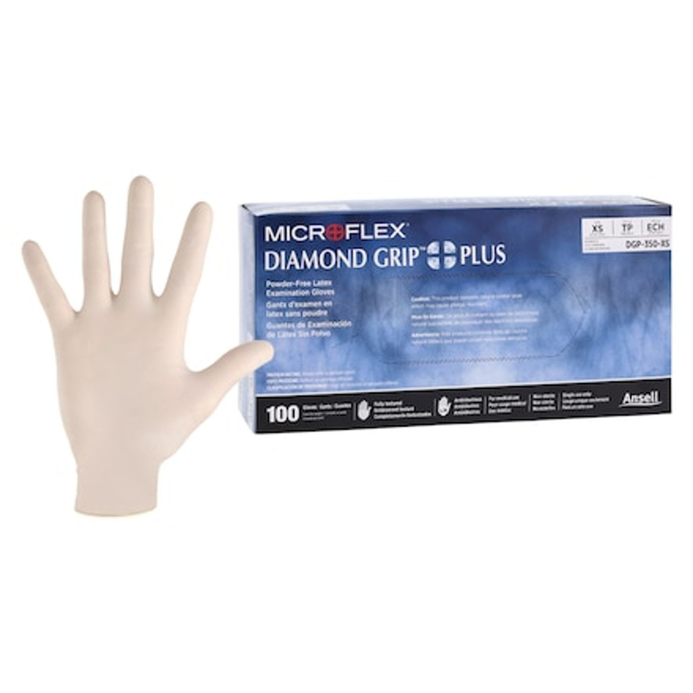 Glove Exam PF Latex X-Small Natural Color<br> Diamond Grip plus 100/Bx, 10 BX/CA