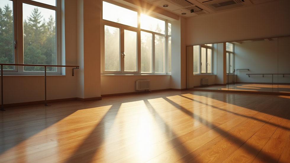 High angle view of a dance studio with wooden floors and mirrors
