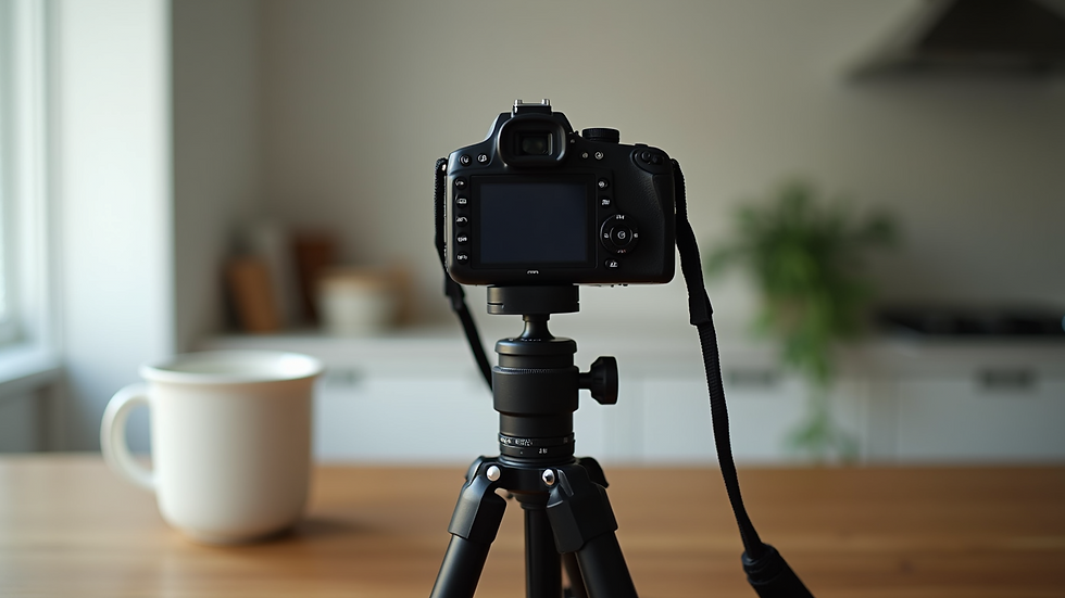 Eye-level view of a camera on a tripod photographing a white ceramic mug