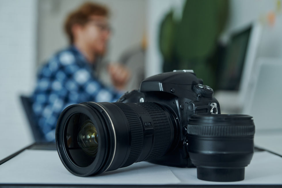 Camera and lens sitting on table