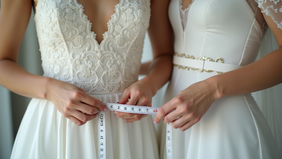 Close-up view of a bridal dress fitting session with measuring tape