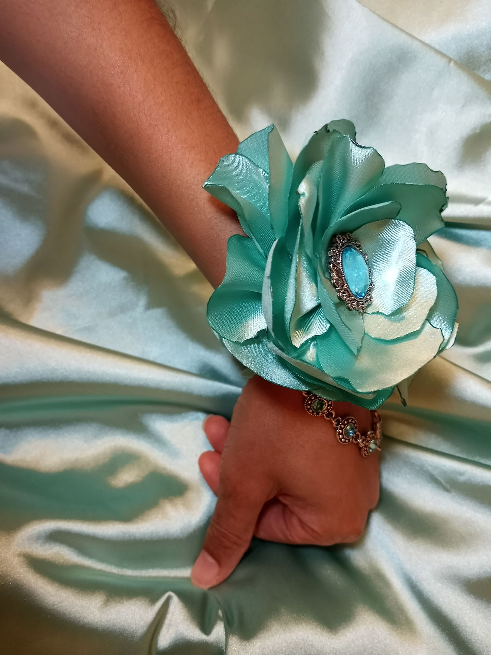 Thumbnail: Posh Peony Jeweled Wrist Corsage w/matching Boutonniere- Teal