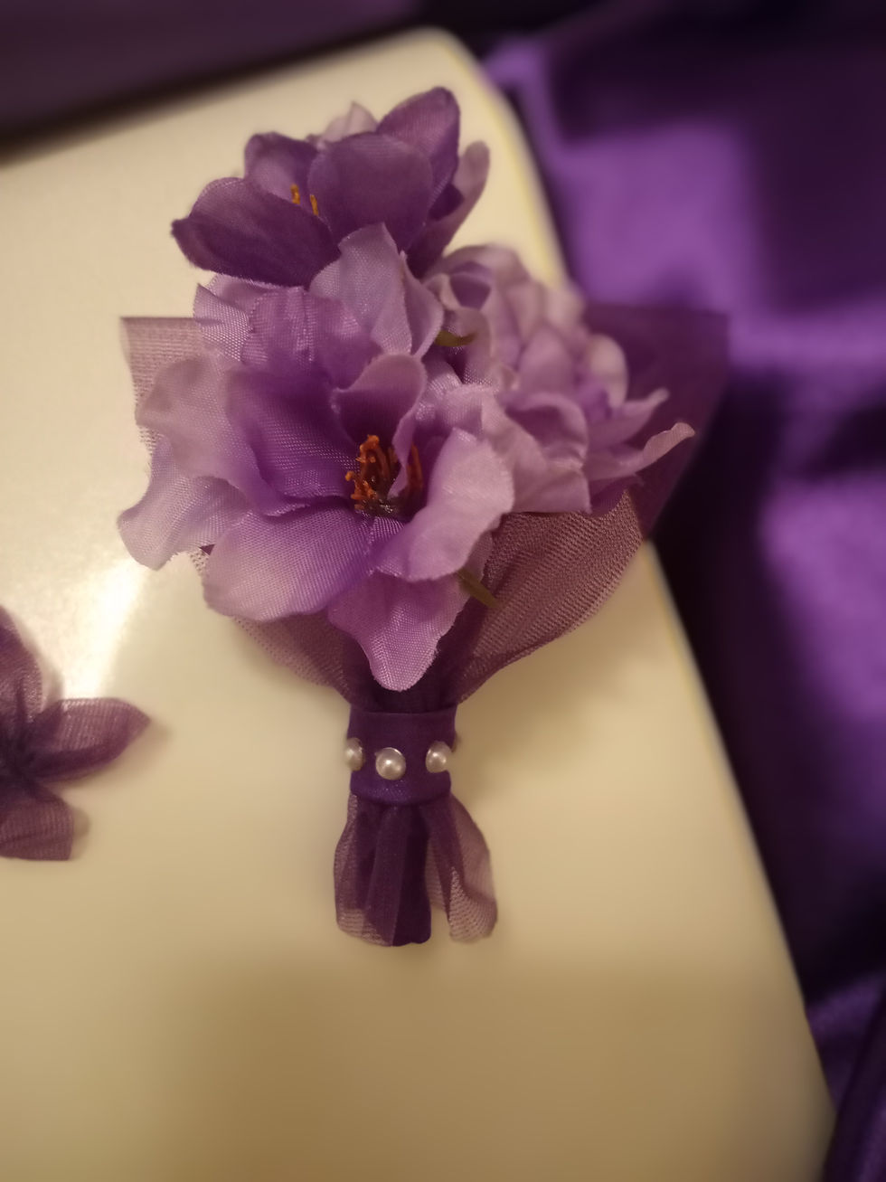 Thumbnail: Azaria Passion Royale Wrist Corsage w/matching Boutonniere- Purple