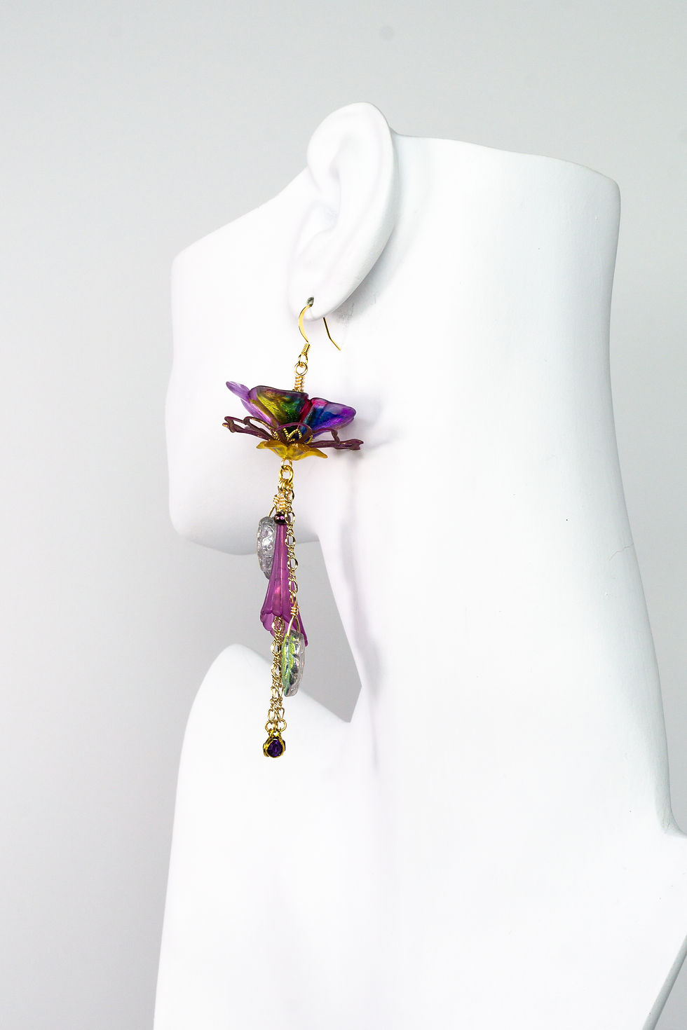 Hand-painted floral chandelier earrings vintage handmade jewelry purple green gold multi-colors