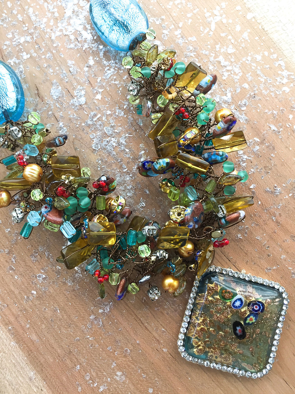 A-Silk-Purse_Jewelry_Vintage_Handmade_Millefiori_Art-Glass_Cluster_Blue_Gold_Mulit-Color