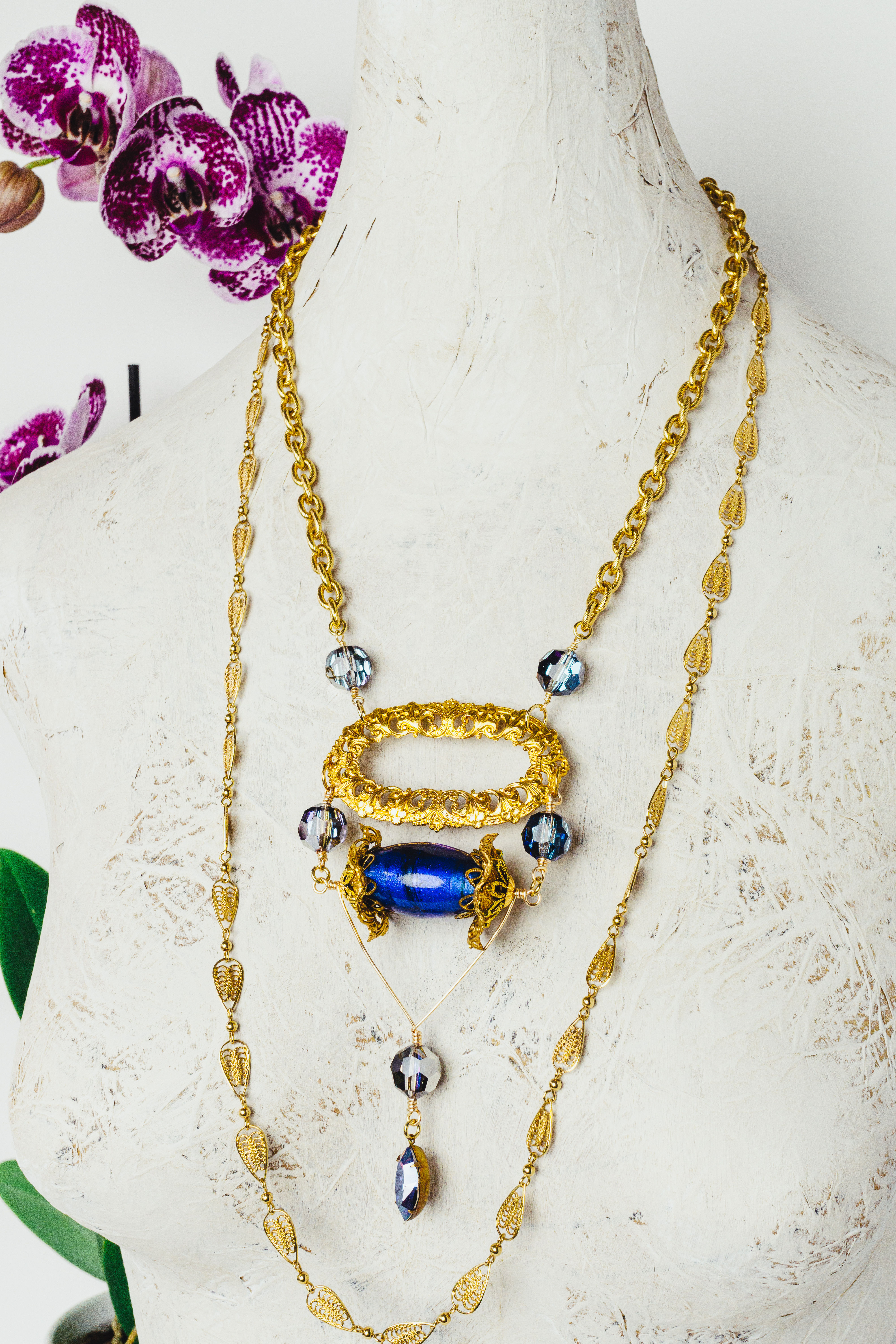 Artisan Necklace Vintage Austrian Crystal Lampwork Beads Filigree Brass Focal Fancy Chain Blue Gold Multi-Colors