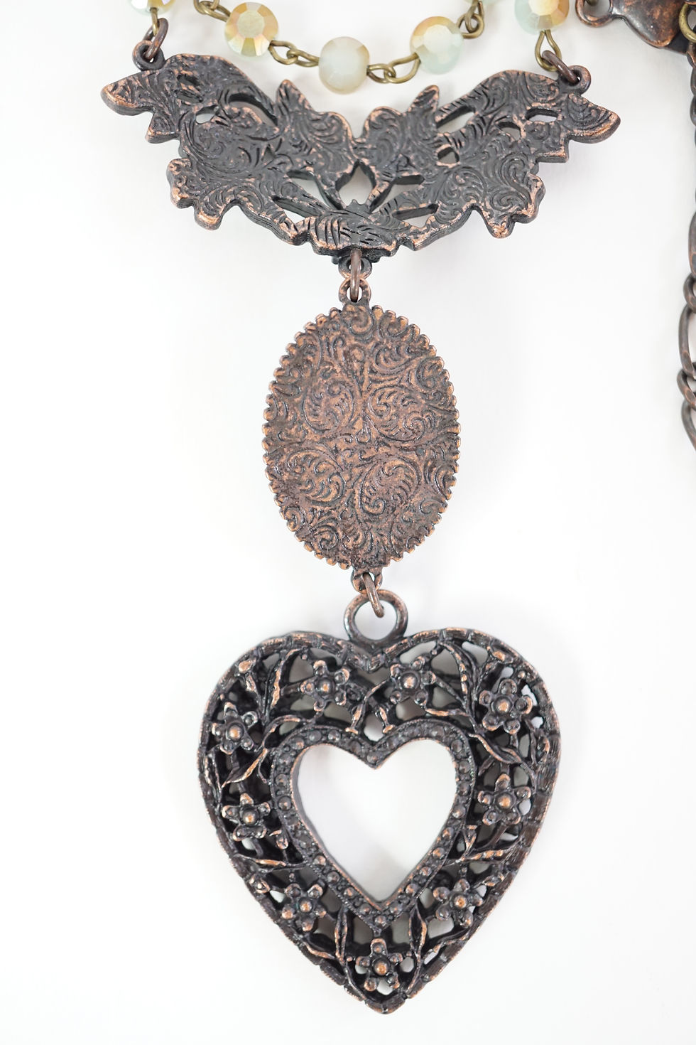Thumbnail: Beloved Filigree Heart Statement Necklace Blue Rose Gold Rusted Iron