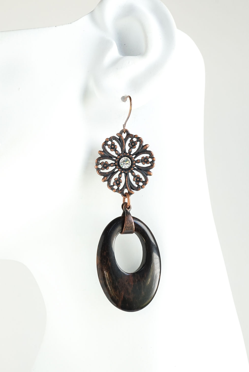 Thumbnail: Cacao_Earrings_Vintage_Rhinestones_Rusted_Iron_Pewter_Obsidian_Gemstone_Brown_Black