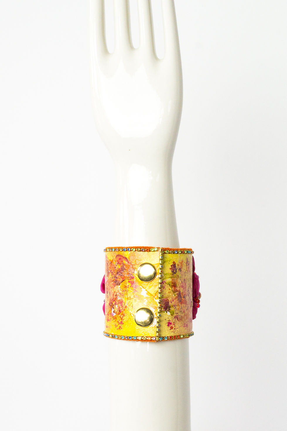 Thumbnail: Brocante Ribbon Floral Art Canvas & Leather Bracelet Fuchsia Pink Orange Back