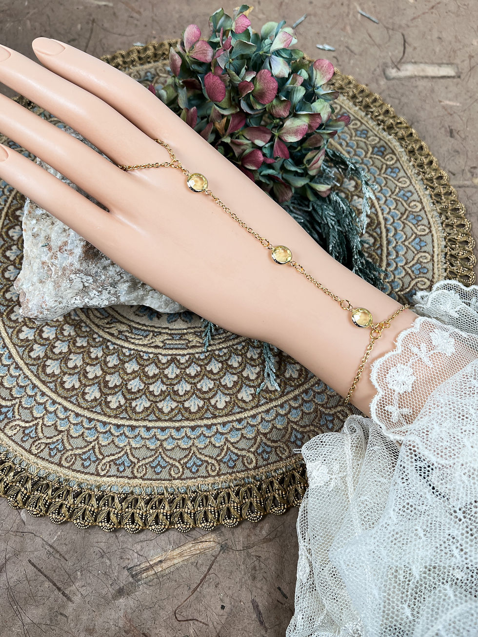 Thumbnail: Assorted Colors, Hand Chains Ring to Wrist Bracelets, gold tone chain