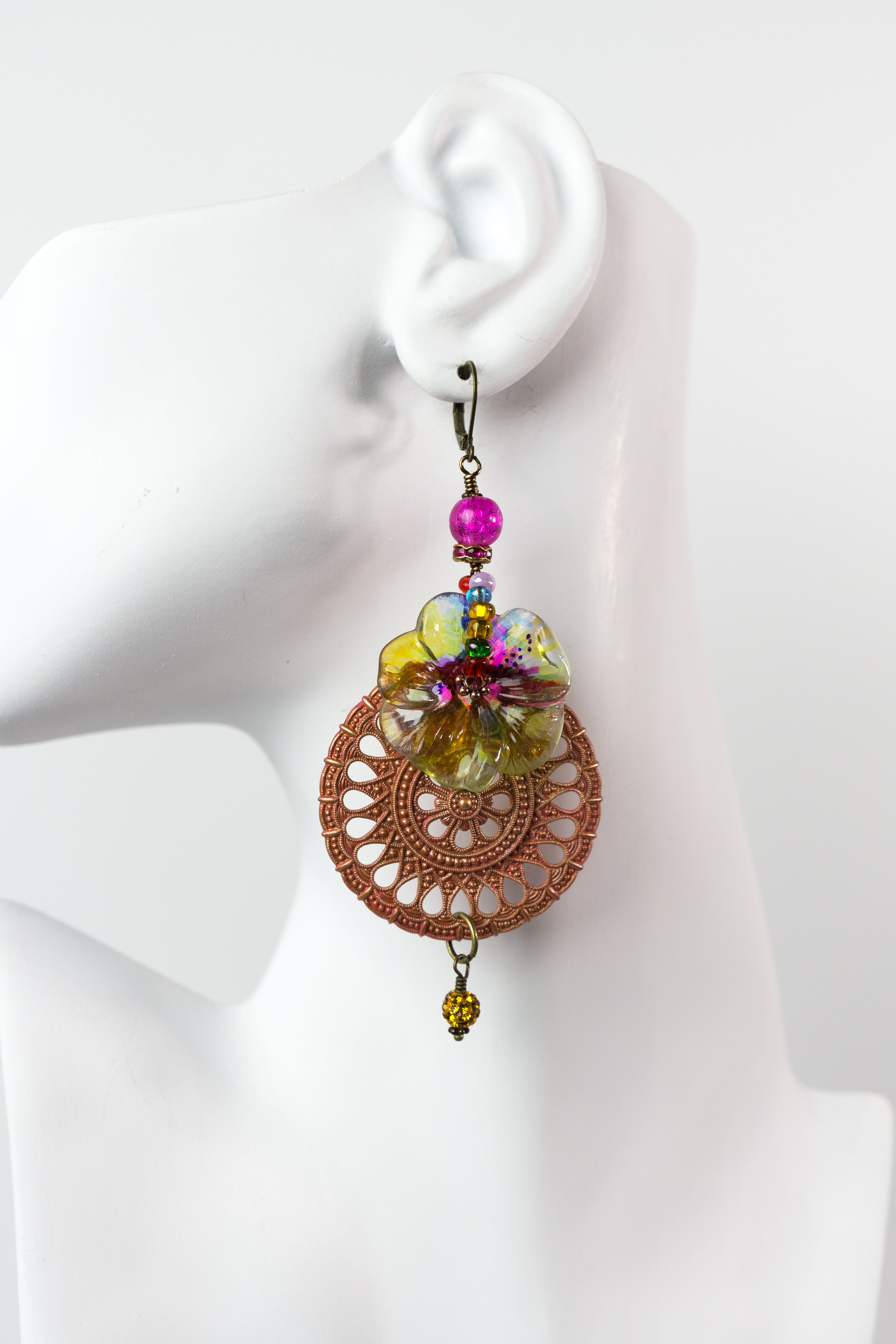 Indian-Summer_Earrings_Vintage_Hand-Painted_Flowers_French-Stamping_Yellow_Red_Pink_Green_Copper_Multi-Colors