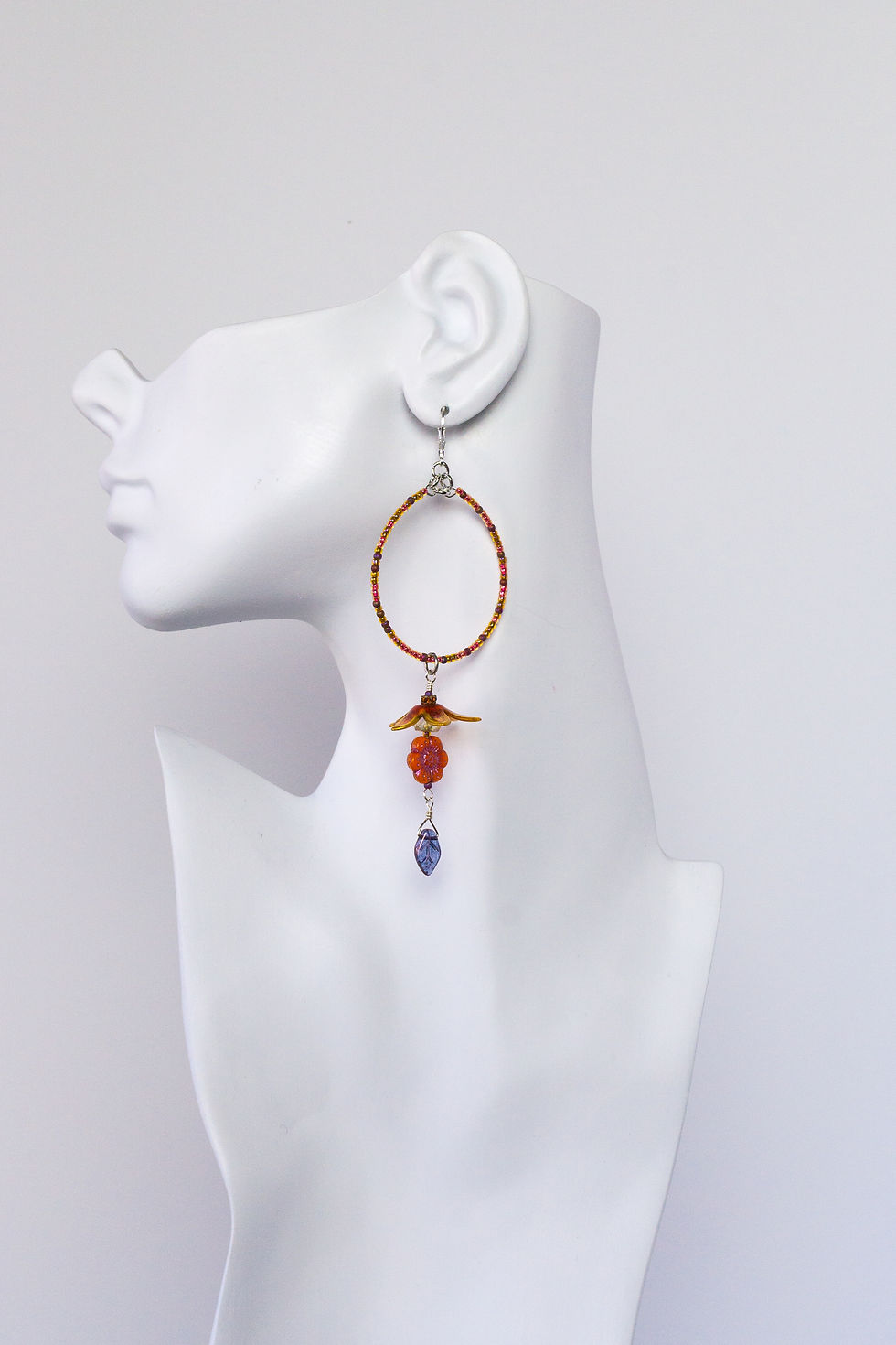 Thumbnail: Hand-painted floral hoop earrings vintage handmade jewelry orange purple silver multi-colors