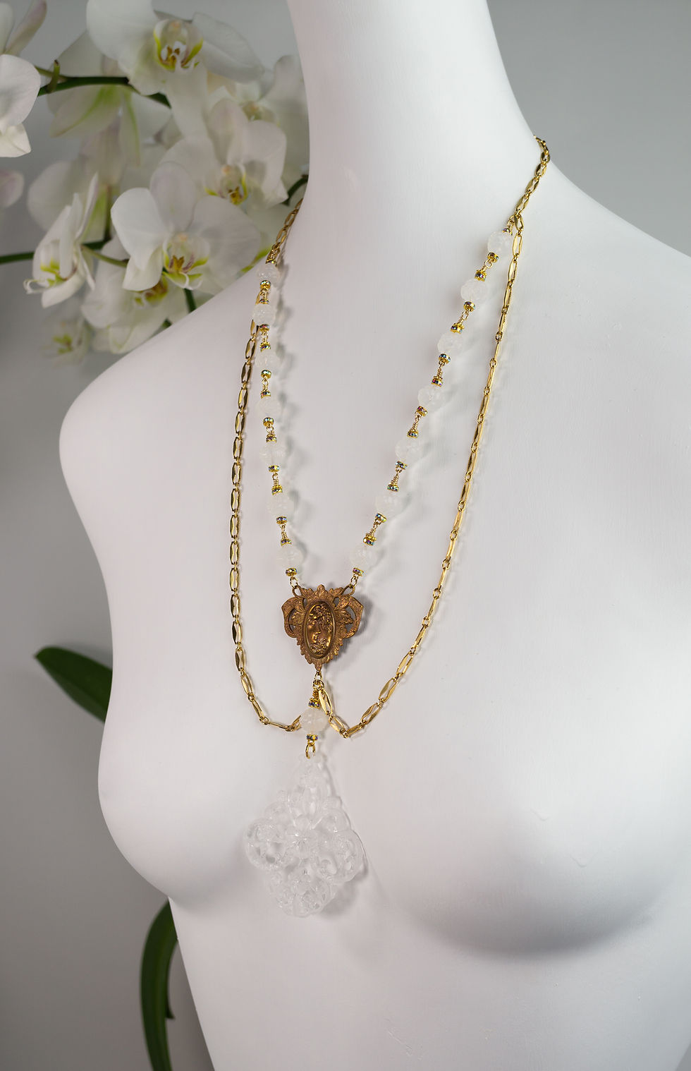 Thumbnail: Flourish_Handmade_Vintage_Lucite_Necklace_Art-Nouveau_Cameo_White_Gold_Multi-Color