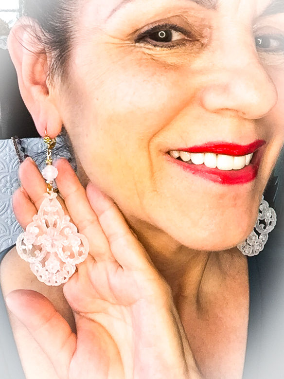 Thumbnail: Chantilly-Lace_Handmade_Vintage_Earrings_Lucite_White_Gold_Multi-Colors