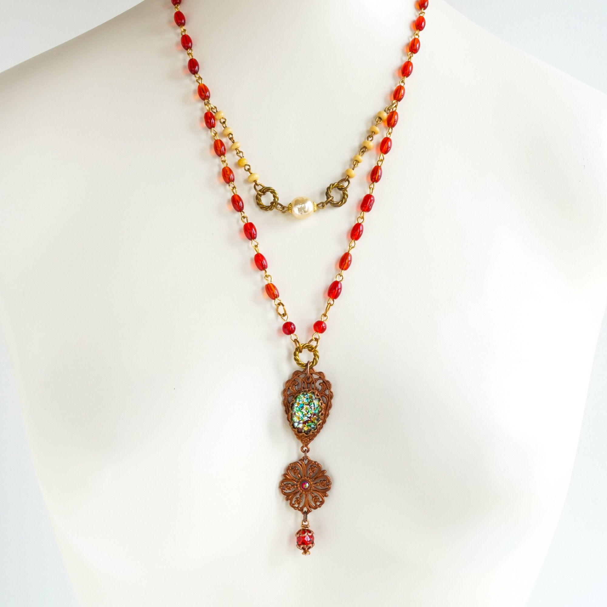 Fiery_Vintage_Fire-Opal_Red_Beads_Gingerbread_Pewter_Brass_Necklace
