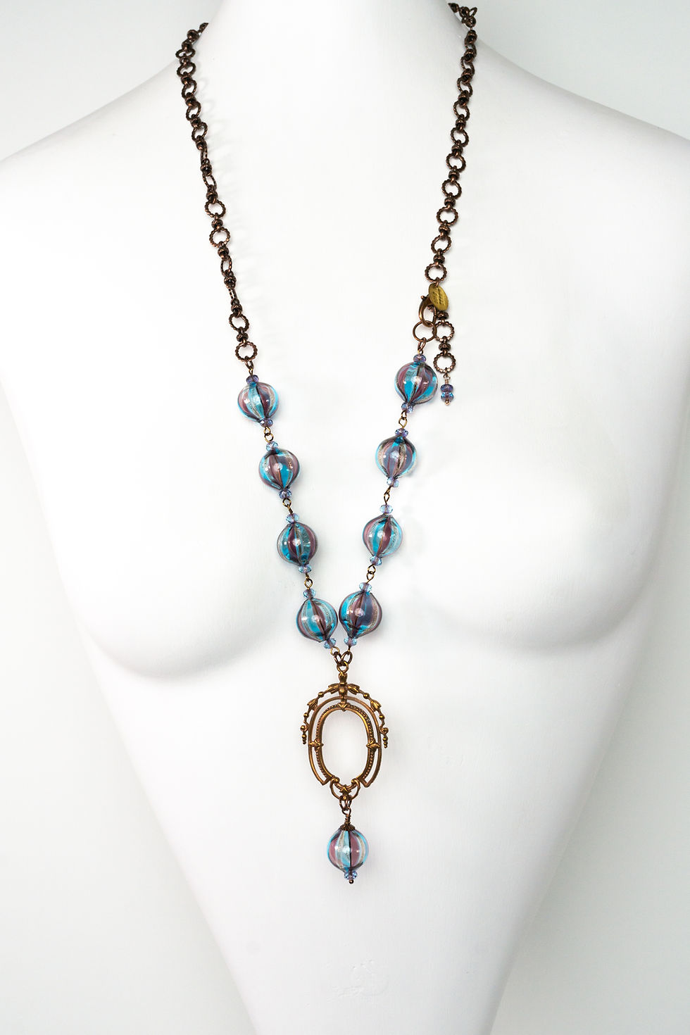 Thumbnail: Grace-Venetian Glass Bead-Long Necklace-Old Stock-Vintage-Handmade Artisan Jewelry- Blue-Pink-Striped-Copper Accents