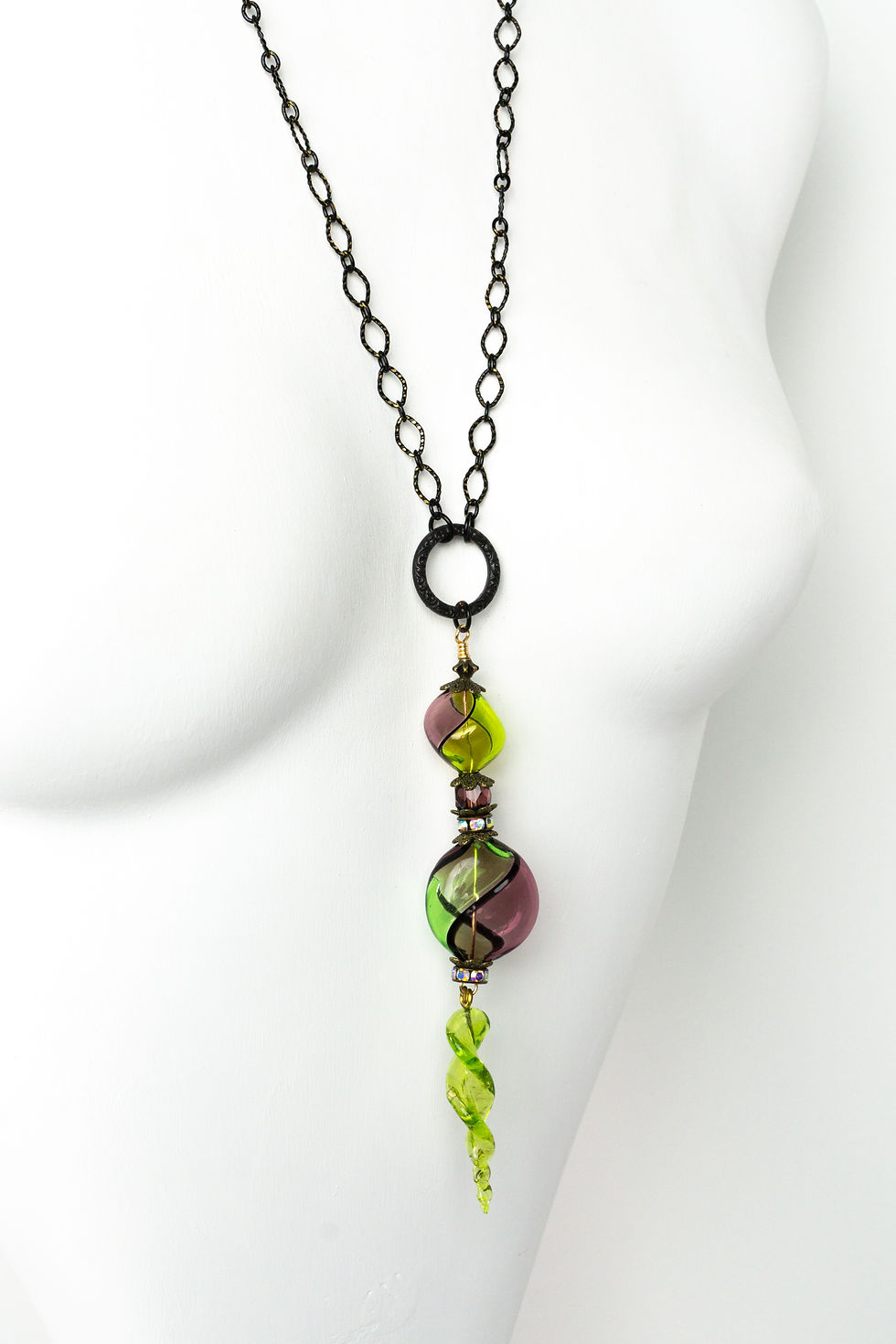 Thumbnail: Callie-Venetian Glass Bead Necklace-Old Stock-Vintage-Green-Purple-Black-Off Center Focal-Swirled Glass Drop-Black Accents