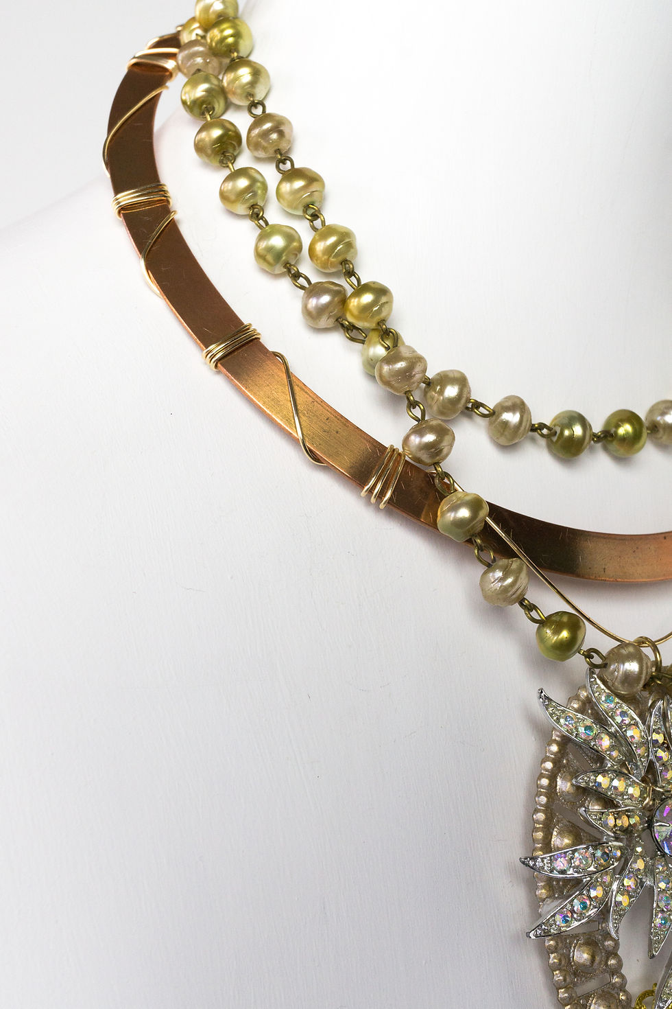 Thumbnail: Artisan Collar Necklace Vintage Glass Pearls Re-Purposed Rhinestone Brooch Ivory Gold Copper Crystal Multi-Colors
