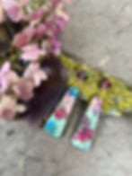 Flora Decoupage Wood and Raku Bead Earrings Floral Red Green Blue Gold Flat View