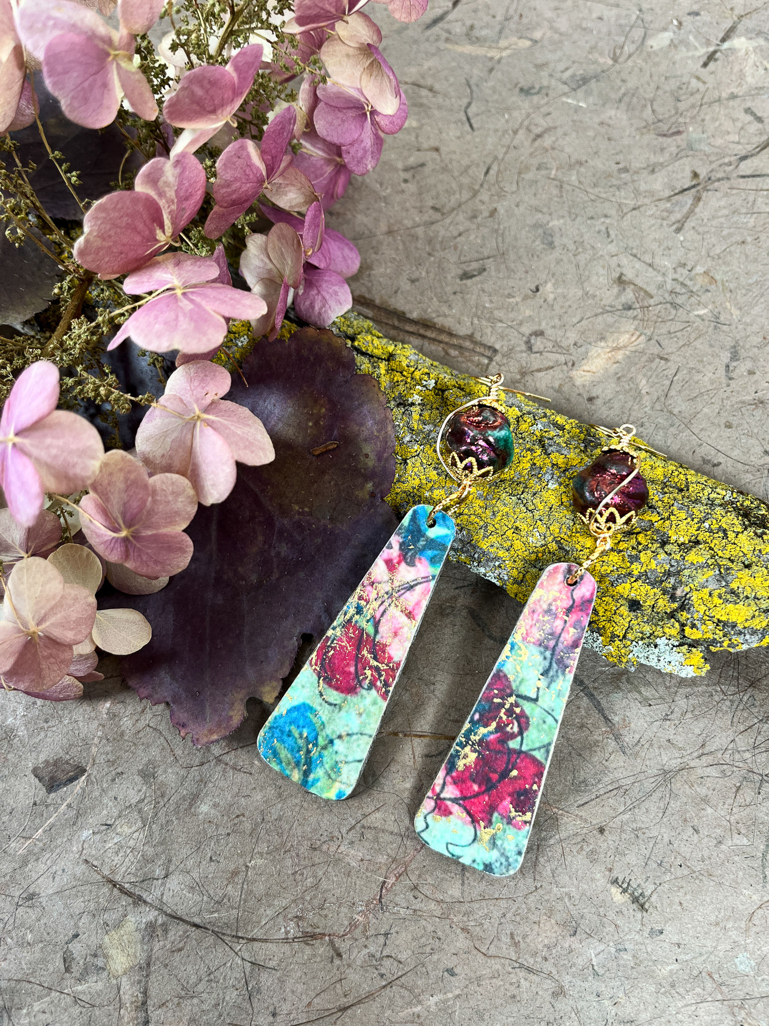 Flora Decoupage Wood and Raku Bead Earrings Floral Red Green Blue Gold Flat View