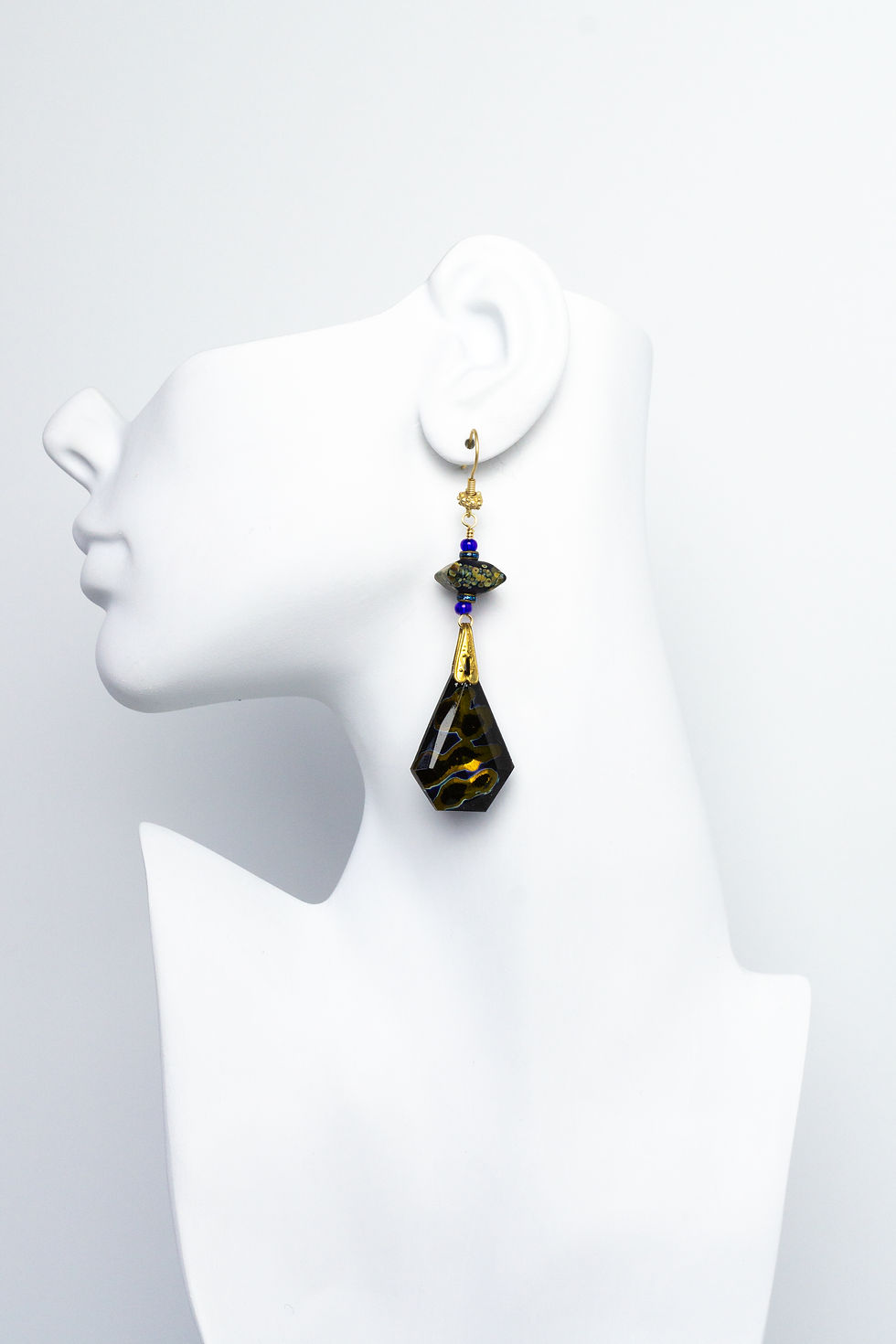 Handmade Earrings Vintage Reverse Painted Glass Drops Artisan Lampwork Blue Black Gold Multi-Colors