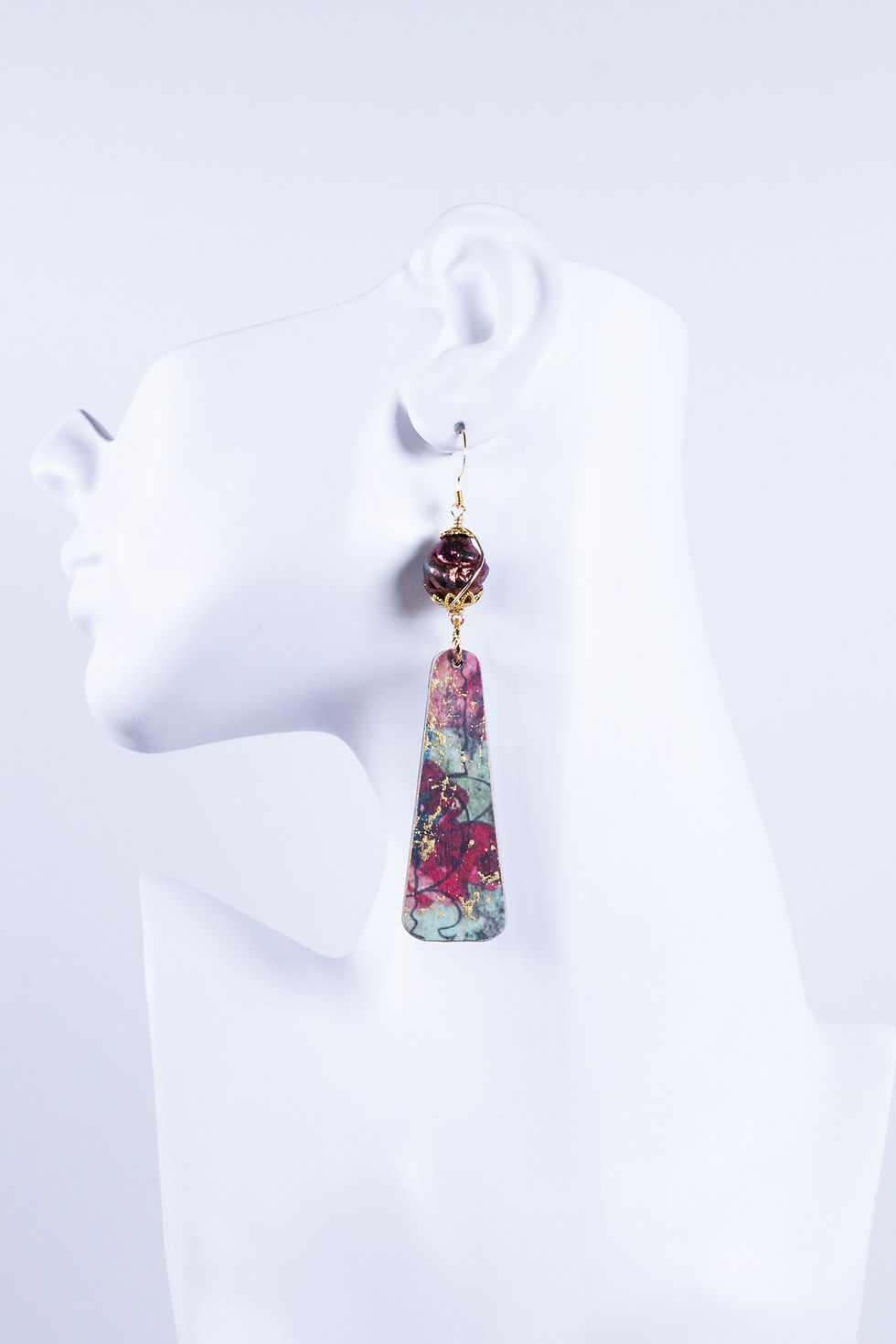 Thumbnail: Flora Decoupage Wood and Raku Bead Earrings Floral Red Green Blue Gold Front Side 1 View
