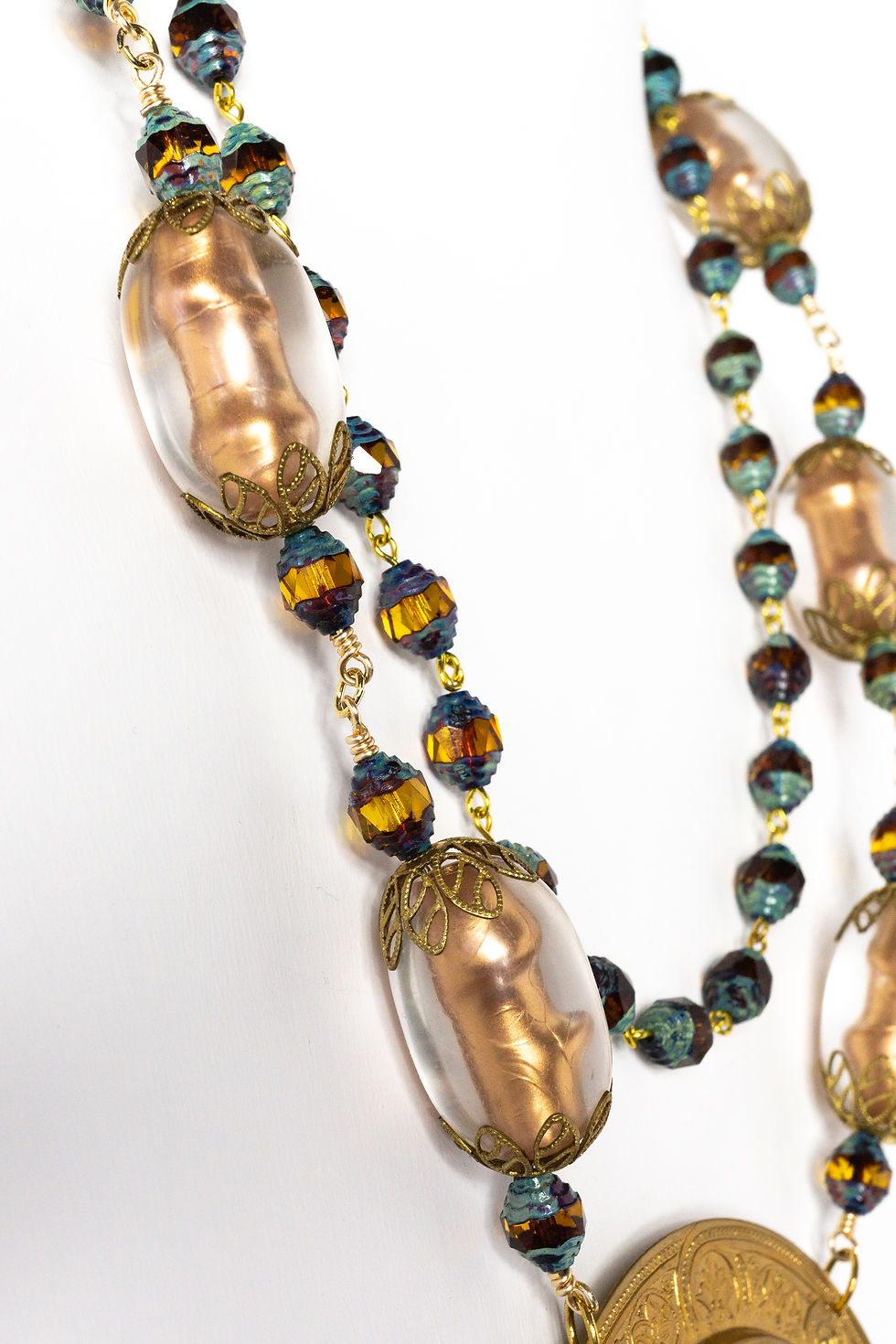 Thumbnail: Artisan Necklace Vintage Floral Motif & Brass Focal Pendant Lucite & Czech Glass Beads Gold Amber Pink Black Multi-Colors