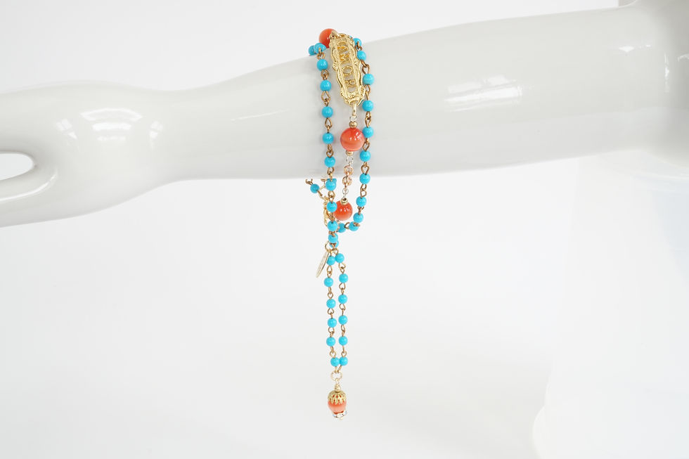 Vintage-Amour-Orange-Blue-Beads-Gold-Pewter-Bracelet