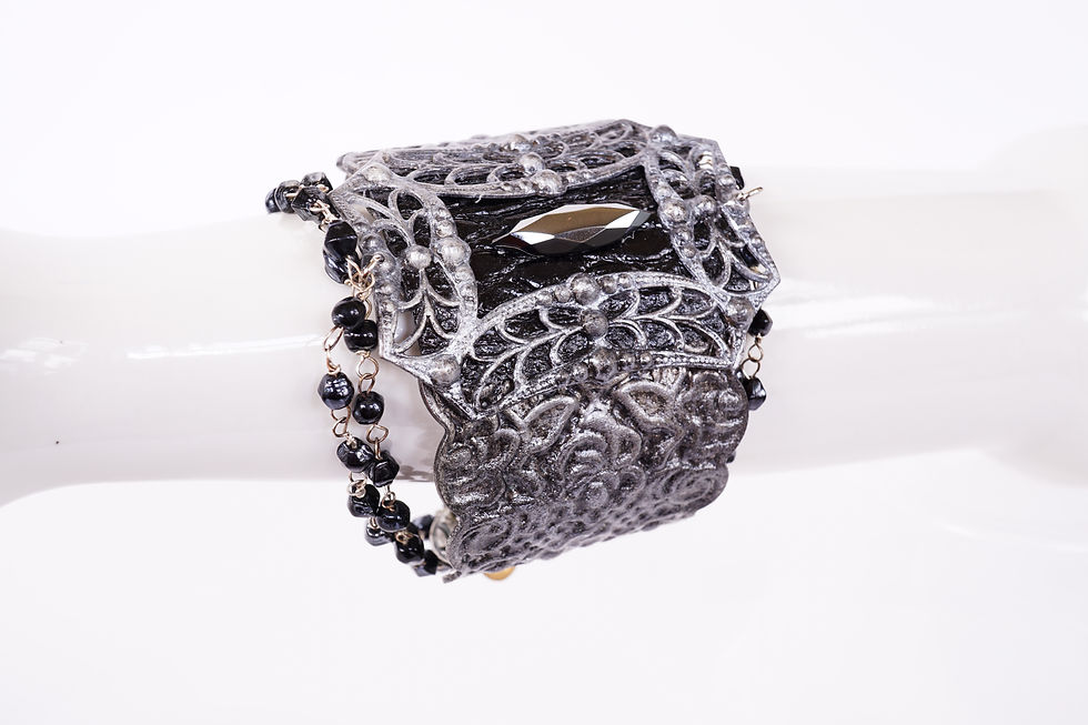 Thumbnail: High_Impact_Vintage_Handmade_Statement_Cuff_Bracelet_Runway_Jewelry_Black_Silver_Grey